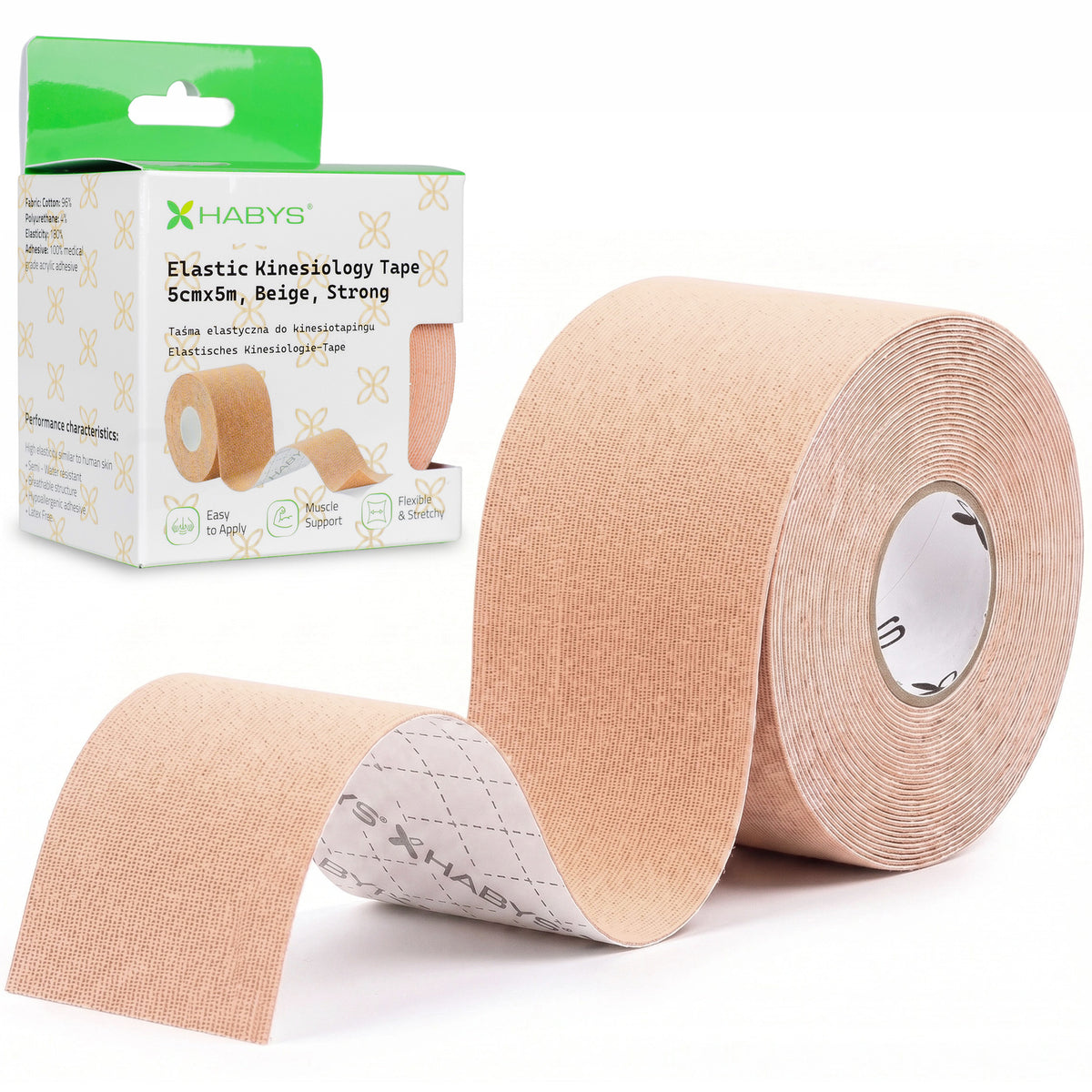 Kineziologinis teipas Habys Strong, 5 cm × 5 m – Smėlio