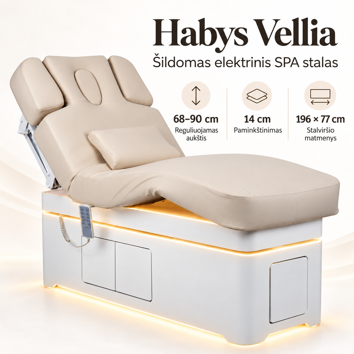 Habys Vellia šildomas elektrinis SPA stalas: aukštis 68–90 cm, 14 cm paminkštinimas, 196 × 77 cm stalviršis