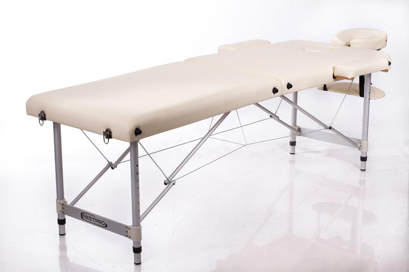 Sulankstomas masažo stalas Restpro ALU M2, 180 × 60 cm – kreminis stalas be nuimamų atramų