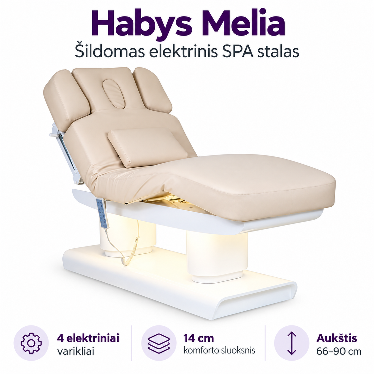 Habys Melia – šildomas elektrinis SPA stalas, 4 elektriniai varikliai, 14 cm komforto sluoksnis, aukštis 66–90 cm