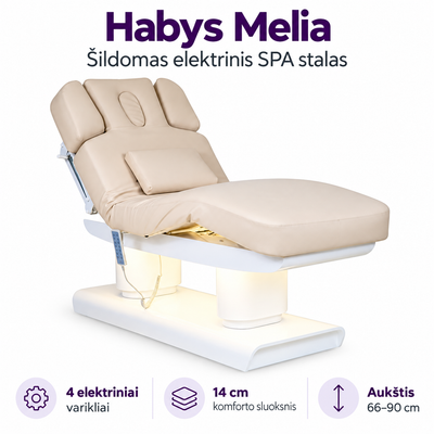 Habys Melia – šildomas elektrinis SPA stalas, 4 elektriniai varikliai, 14 cm komforto sluoksnis, aukštis 66–90 cm