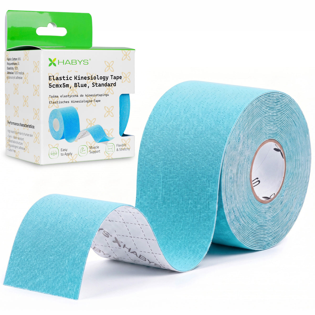 Kineziologinis teipas Habys Standard, 5 cm × 5 m – Mėlynas