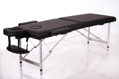 Sulankstomas masažo stalas Restpro ALU M2, 180 × 60 cm – juodas stalas su galvos ir rankų atramomis