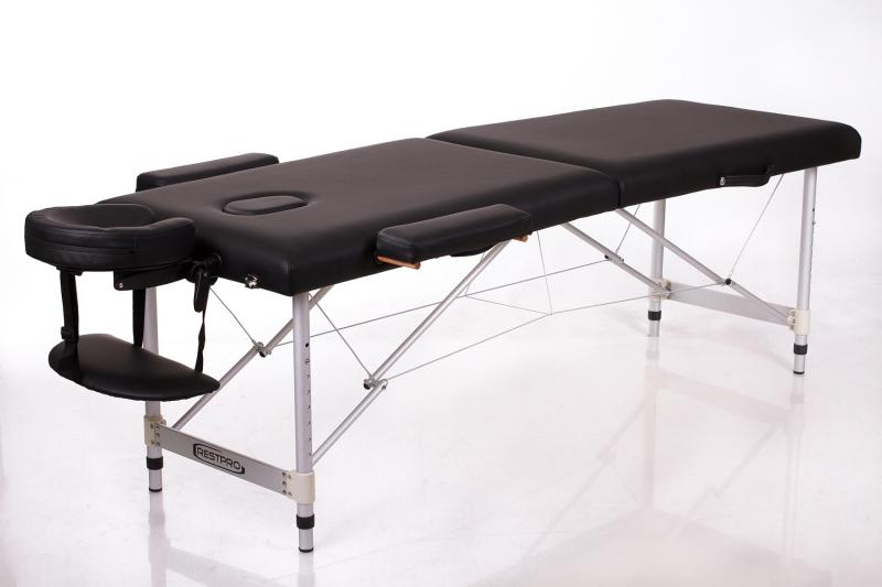 Sulankstomas masažo stalas Restpro ALU M2, 180 × 60 cm – juodas stalas su galvos ir rankų atramomis
