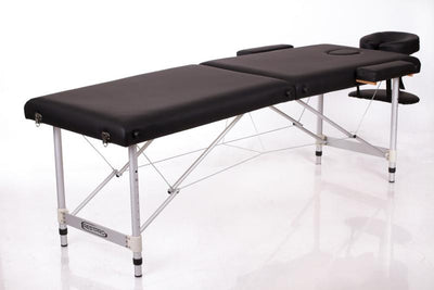 Sulankstomas masažo stalas Restpro ALU M2, 180 × 60 cm – juodas stalas be nuimamų atramų