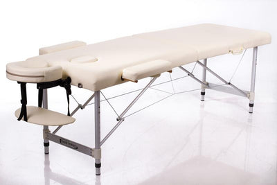 Sulankstomas masažo stalas Restpro ALU M2, 180 × 60 cm – kreminis stalas su galvos ir rankų atramomis