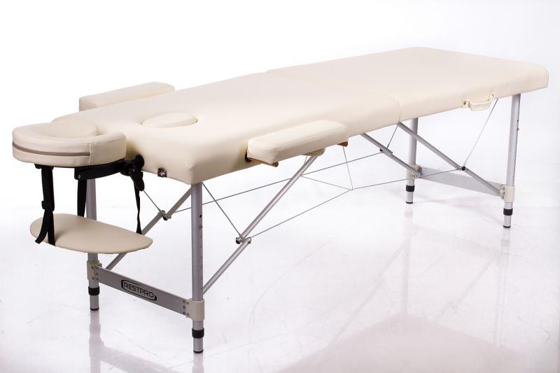 Sulankstomas masažo stalas Restpro ALU M2, 180 × 60 cm – kreminis stalas su galvos ir rankų atramomis