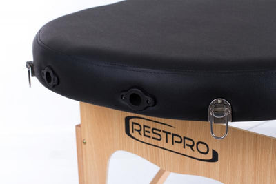 Sulankstomas masažo stalas Restpro Classic Oval 2, juodas – stalo galas ir tvirtinimo lizdai
