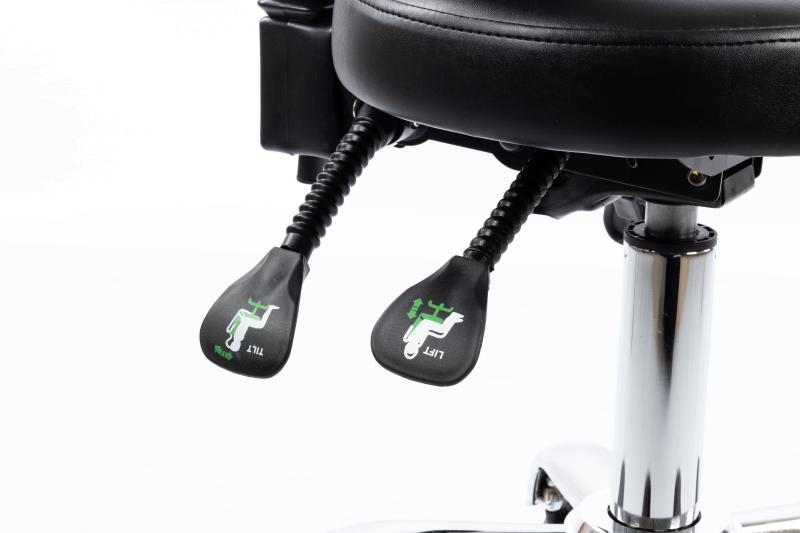 Balninė masažuotojo kėdė Restpro Expert 3 su atlošu, juoda – reguliavimo svirtys po sėdyne