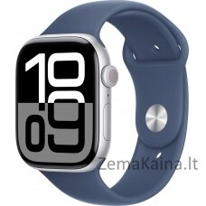 Apple išmanusis laikrodis Apple Watch Series 10 GPS 46mm sidabrinis aliuminio dėklas su džinsine sportine apyranke – M/L