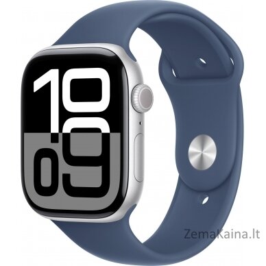 Apple išmanusis laikrodis Apple Watch Series 10 GPS 46mm sidabrinis aliuminio dėklas su džinsine sportine apyranke – M/L