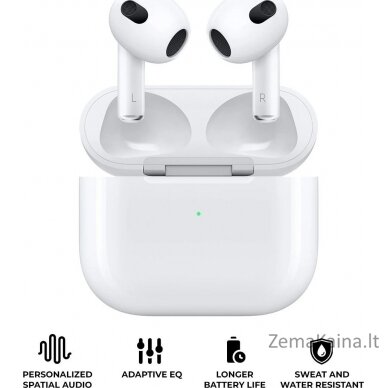 „Apple“ ausinės „Apple AirPods“ (3 kartos) su „Lightning“ įkrovimo dėklu, belaidis ryšys, skambučiai / muzika, ausinės, balta