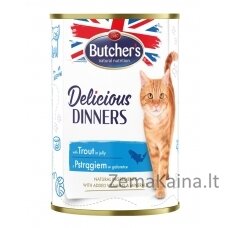 BUTCHER'S Delicious Dinners Pieces su upėtakiais drebučiuose - drėgnas kačių maistas - 400g