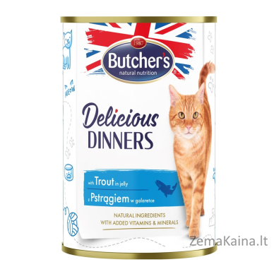 BUTCHER'S Delicious Dinners Pieces su upėtakiais drebučiuose - drėgnas kačių maistas - 400g