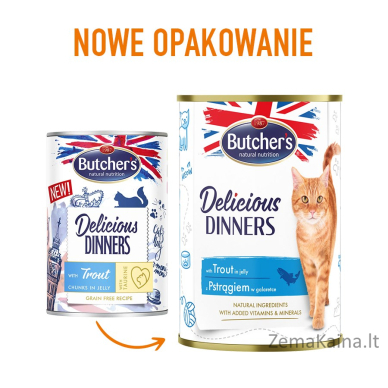 BUTCHER'S Delicious Dinners Pieces su upėtakiais drebučiuose - drėgnas kačių maistas - 400g 1