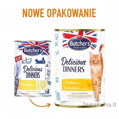 BUTCHER'S Delicious Dinners Vištienos gabalėliai drebučiuose - drėgnas kačių maistas - 400g 1