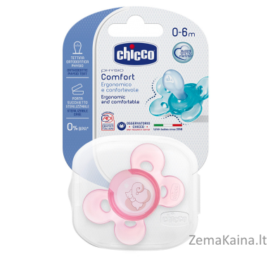 CHICCO Ortodontinis žindukas PHYSIO COMFORT su sterilizavimo dėklu, 0-6M, Iš "Mum effect" silikono