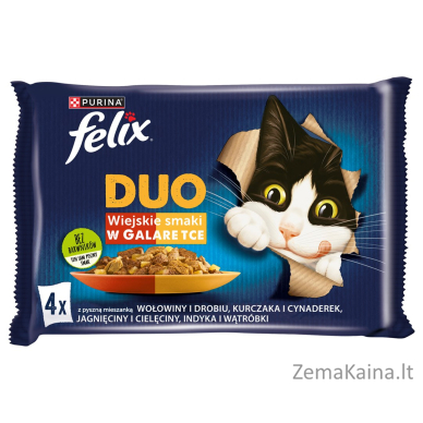 Felix Fantastic Duo mėsa - jautiena ir paukštiena, vištiena ir kinrožė, ėriena ir veršiena, kalakutiena ir kepenys - 4 x 85g