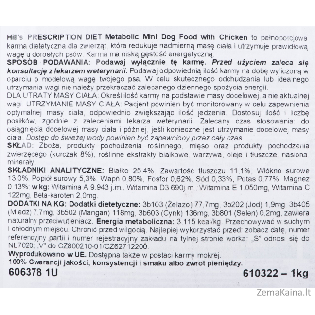 HILL'S PRESCRIPTION DIET Canine Metabolic Mini Sausas šunų maistas Viščiukas 1 kg 1