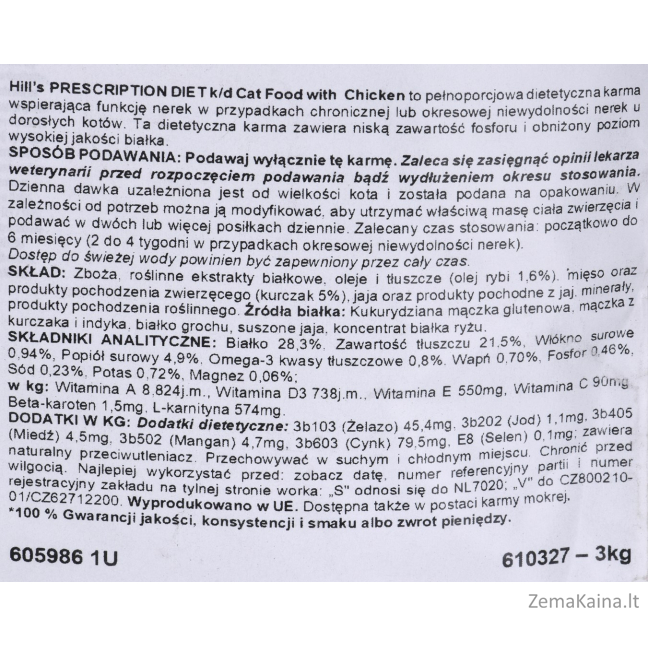 HILL'S PRESCRIPTION DIET Feline k/d Kidney Care Sausas kačių maistas Viščiukas 3 kg 2