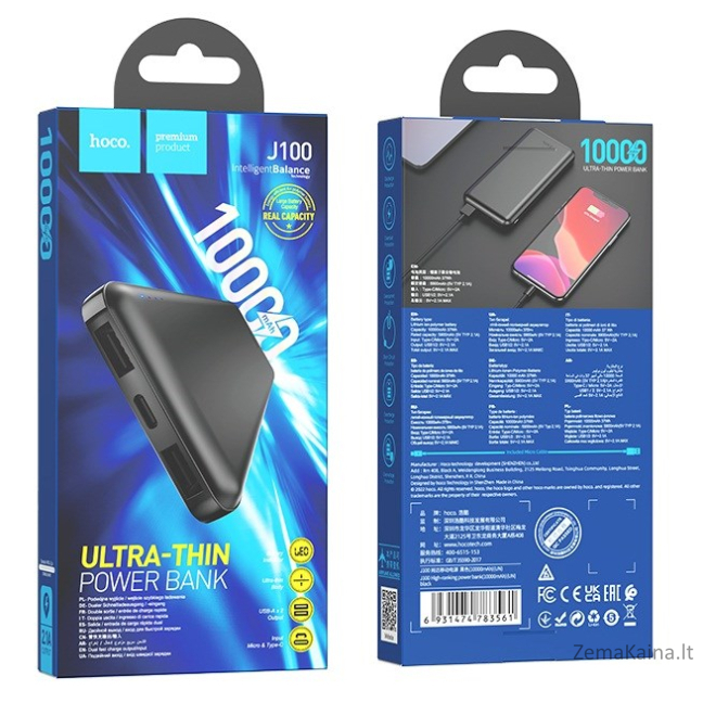 Hoco J100 Powerbank 10000 mAh juodos spalvos 4
