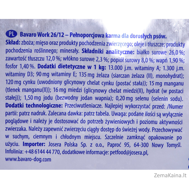 Josera BAVARO WORK ADULT 26/12 – 18KG 15 kg Daržovių