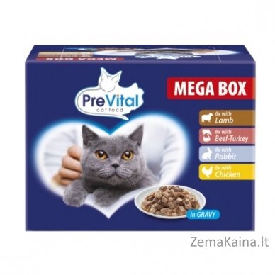 PREVITAL Kačių Maistas Megabox su Ėriena, Jautiena, Triušiena ir Vištiena padaže - šlapias kačių maistas - 24 x 100g