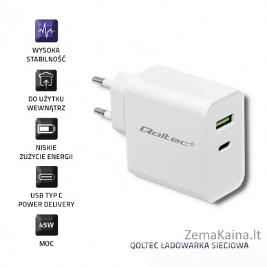 Qoltec 51718 Įkroviklis | 45W | 5-20V | 2.4-3A | USB tipo C PD | USB | Balta 5