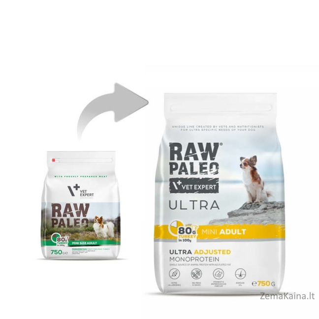 RAW PALEO Ultra Mini Adult Turkey - sausas šunų maistas - 750 g 1