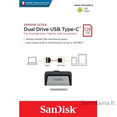 Sandisk Ultra Dual Drive USB Type-C USB atmintukas 128 GB USB Type-A / USB Type-C 3.2 Gen 1 (3.1 Gen 1) Juoda, Sidabras 1