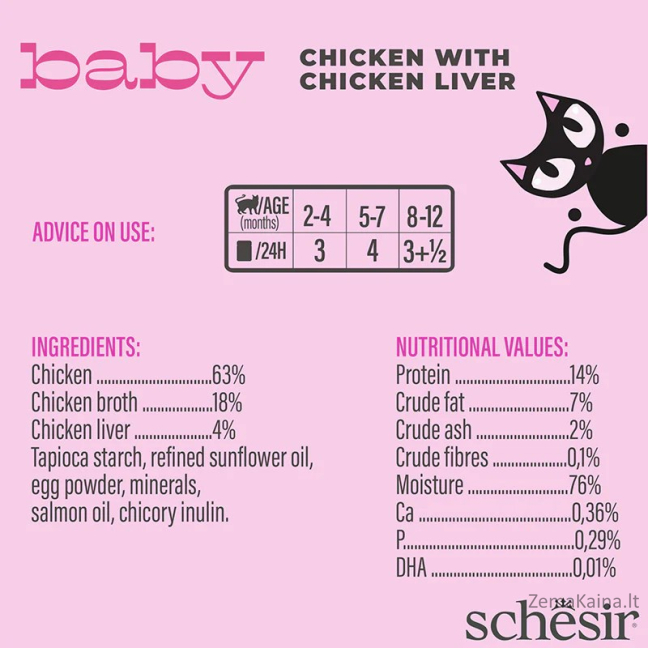 SCHESIR Baby Chicken su kepenėlėmis sultinyje - šlapias maistas kačiukams - 70g 3