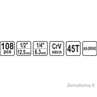 GALVUČIŲ IR RAKTŲ KOMPLEKTAS STHOR 108 VNT. 1/4" + 1/2" (58685) 5